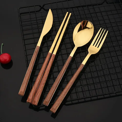 Miniatura 8 de JASHII Juego de cubiertos reutilizables de 24 piezas, acero inoxidable dorado, tenedor, cuchara, palillo y mango cuadrado de madera, servicio