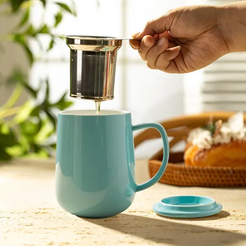 Miniatura 6 de Sweese Taza de té de porcelana de 20 onzas con infusor y tapa, taza de té de hojas sueltas, regalos para los amantes del té, turquesa azul mar
