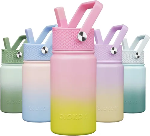 Miniatura 28 de BJPKPK Botella de agua aislada con tapa con pajilla, bonitas botellas de agua de 15 onzas, termo de metal de acero inoxidable, vasos reutilizables