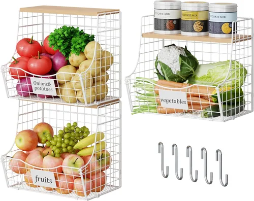 Miniatura 11 de Paquete de 3 cestas de frutas para cocina con tapa de madera - Almacenamiento de cebollas y papas montado en mostrador y pared con placa