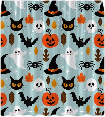 Cortina de ducha azul de Halloween, linda cortina de baño de fantasma, terror, calabaza, espeluznante, gato negro, calavera aterradora, murciélago,