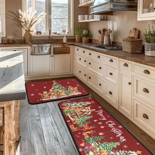 Miniatura 5 de Juego de 2 alfombras de cocina de Navidad, muñeco de nieve, árbol de Navidad, antideslizantes, lavables, decoración de cocina de invierno y Navidad