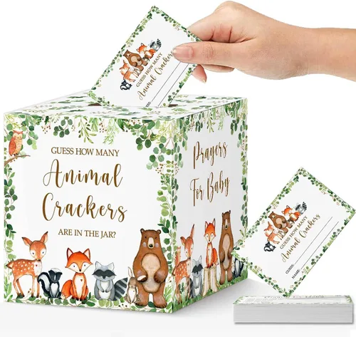 Yuzioey Woodland Guess How Many Animal Crackers - Juego de adivinanzas, caja de juego de adivinanzas para baby shower de bosque y oraciones para
