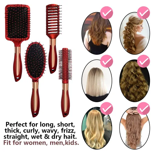 Miniatura 7 de Juego de 4 cepillos para el cabello, incluye peine ovalado de masaje antiestático, cepillo desenredante, cepillo de pelo redondo, cepillo de pelo