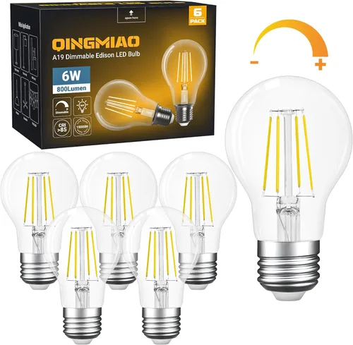 Miniatura 9 de Qingmiao Bombilla LED Edison A19 E26 con base regulable, 4 W (equivalente a 40 vatios) 3000 K blanco cálido suave, bombilla de filamento LED de 6 W