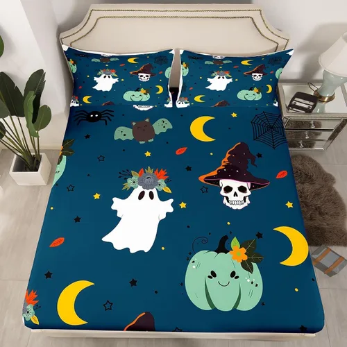Miniatura 6 de Juego de ropa de cama de Halloween con patrón de sombras kawaii, sábana bajera tamaño queen, decoraciones de calabaza, luces de calabaza góticas
