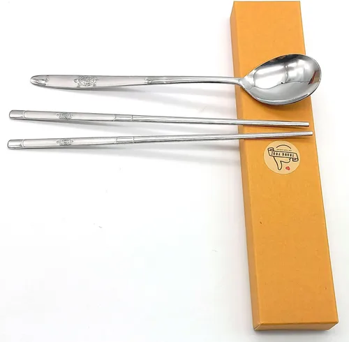 Miniatura 9 de SUPIA Cubertería tradicional coreana de acero inoxidable cucharas y palillos juego de vajilla con mano larga, reutilizable (tortuga plateada)