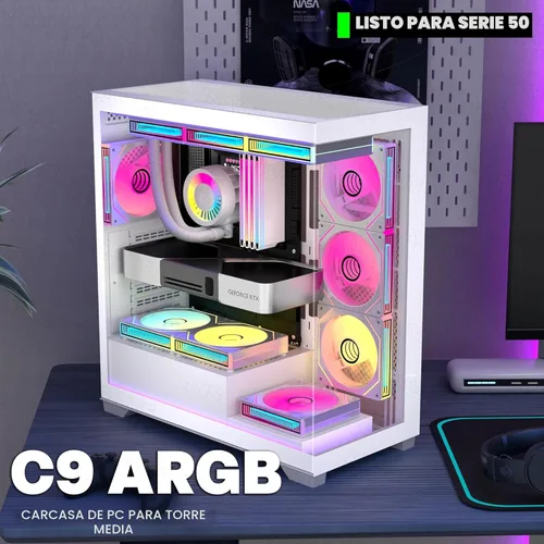 Miniatura 4 de ATX - Carcasa para PC con 7 ventiladores PWM ARGB preinstalados, carcasa de computadora de torre media con vidrio templado dual de visión completa