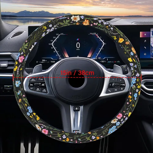 Miniatura 6 de Funda para volante de automóvil para mujeres y hombres, volante antideslizante y transpirable, protector de volante de flores silvestres, accesorios