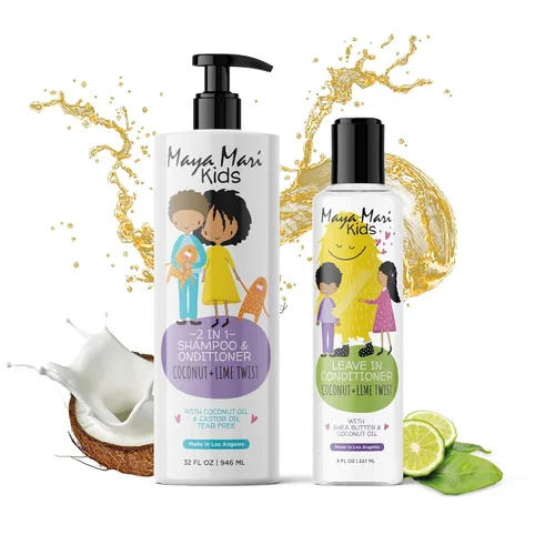 MAYA MARI Curly Hair Kids Ultimate Curls Set incluye champú y acondicionador 2 en 1, y acondicionador sin enjuague, aroma a coco