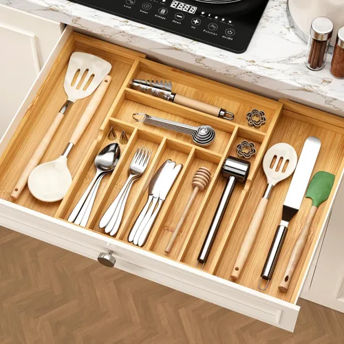 Miniatura 7 de BAMEOS Organizadores de cajones de bambú para cubiertos, organizador de cajones de utensilios de 11.9 pulgadas para cajones de cocina, organizador