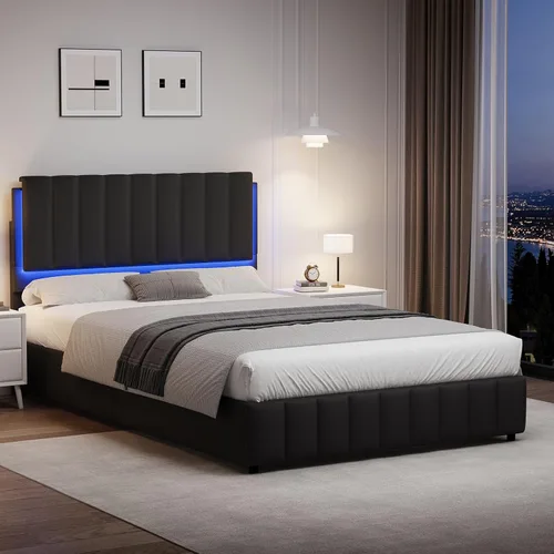 Miniatura 13 de REVOMINCA Base de cama tapizada individual con luces LED, plataforma de piel sintética con cabecera y soporte de listones de madera, no necesita
