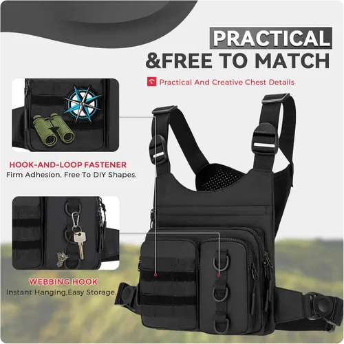 Miniatura 3 de Criuage Bolsa de pecho al aire libre para hombres, chaleco ligero y ajustable, resistente al agua, paquete de pecho EDC con bolsillo para botella