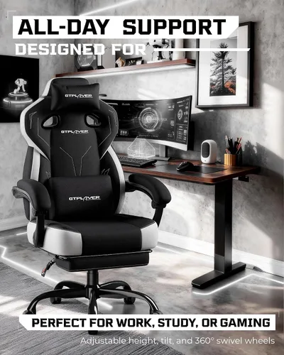 Miniatura 3 de GTPLAYER Sillas de juegos para adultos, asiento ergonómico grande y alto para juegos con reposapiés y soporte lumbar, cómoda silla de oficina