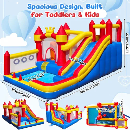 Miniatura 2 de Liaakrr Casa de rebote 8 en 1 para niños, casa inflable con tobogán, pared de escalada, hoyo de pelota, obstáculos, trampolín y aro de baloncesto
