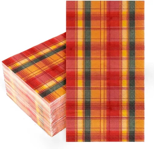 Miniatura 8 de Whaline Paquete de 80 servilletas de papel de otoño de 6.5 x 6.5 pulgadas, servilletas de papel desechables a cuadros rojos, naranja y verde