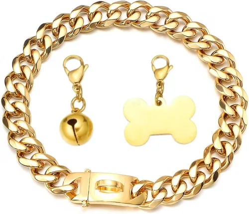 Collar de oro para perro de 18 quilates, cadena de eslabones cubanos de 0.591 in/0.748 in de ancho, a prueba de mordidas, fuerte entrenamiento de