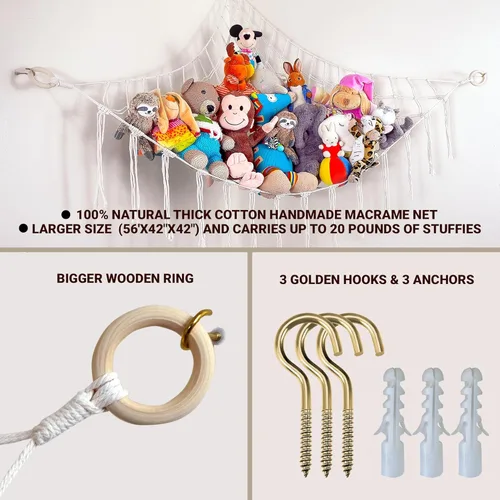Miniatura 2 de ABBY BABY Hamaca grande para animales de peluche, almacenamiento de animales de peluche, red de macramé 100% algodón natural, organizador