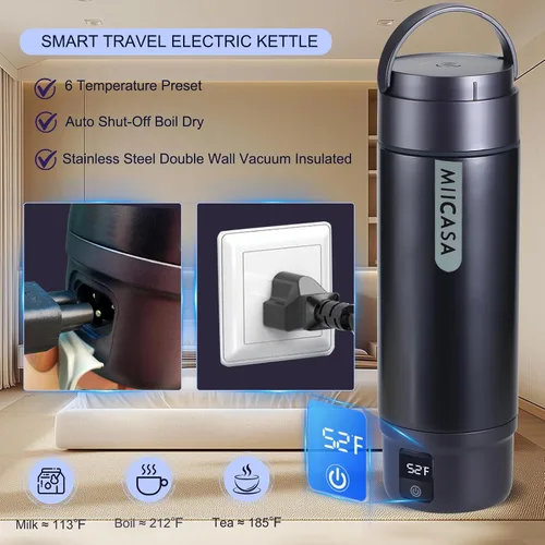 Miniatura 6 de Hervidor eléctrico portátil con aislamiento al vacío, vaso de acero inoxidable Miicasa, hervidor eléctrico pequeño, caldera de agua de viaje con 6