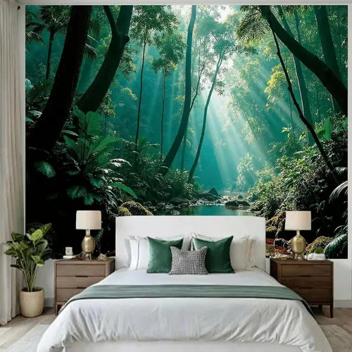 Miniatura 3 de Atrippy Tapiz verde de naturaleza forestal para dormitorio, paisaje brumoso, telón de fondo para colgar en la pared, mural de pared grande, tapices