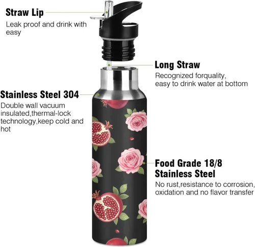 Miniatura 3 de Pink Roses Black Insulated Stainless Steel Water Bottle with Straw 32 Oz Leakproof Water Bottles, BPA-Free Sport Water Bottle