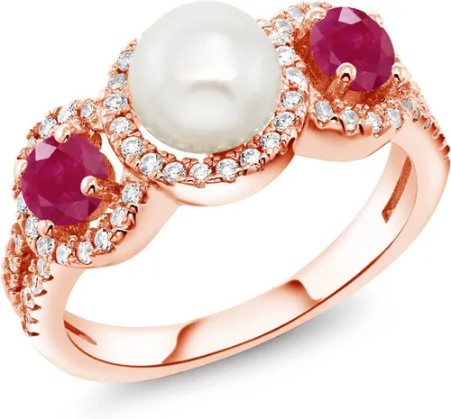 Gem Stone King Anillo redondo de 1.50 quilates chapado en oro rosa de 18 quilates en plata cultivada en agua dulce, Metal Gema, Rubí Zirconia cúbica