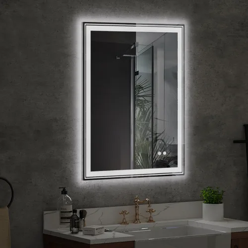 Miniatura 2 de Espejo de baño iluminado por LED de 36 x 28 pulgadas, montado en la pared, memoria antivaho con brillo ajustable, luz delantera y trasera, espejo