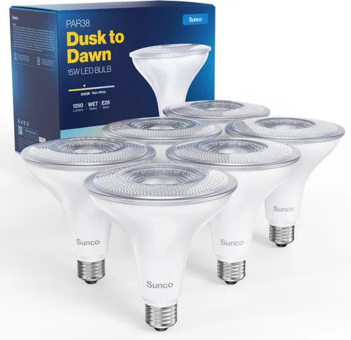 Sunco - Paquete de 6 focos LED para exteriores, impermeables, PAR38 del anochecer al amanecer, 1250 LM, equivalente a 120 W 15 W, exterior, 3000K