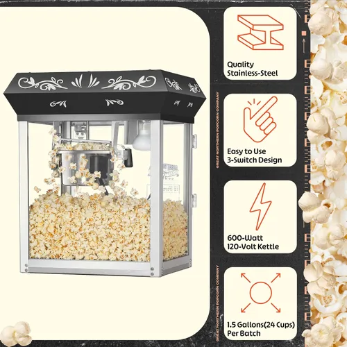 Miniatura 2 de Great Northern Popcorn - Máquina para hacer palomitas de maíz, 6 onzas, con hervidor de acero inoxidable de 640 W, cajón de viejas sirvientas