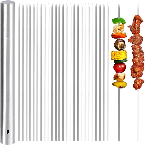 Miniatura 8 de Brochetas de metal para parrilla, paquete de 50 brochetas de 14.8 pulgadas, brochetas planas para barbacoa, juego de brochetas reutilizables