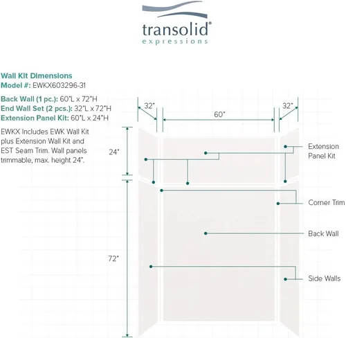 Miniatura 4 de Transolid EWKX603296-31 Expressions - Kit de pared de ducha de 6 paneles con extensión, 32 pulgadas de largo x 60 pulgadas de ancho x 96 pulgadas