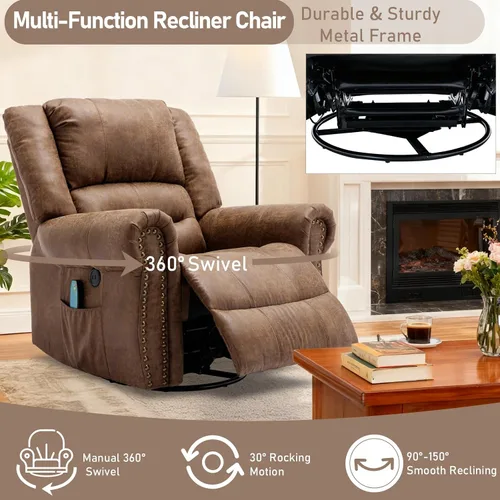 Miniatura 6 de Sillón reclinable giratorio manual con calor y vibración, mecedora giratoria de 360°, sillas reclinables ergonómicas para masaje con bolsillos