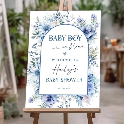 Letrero de bienvenida personalizado para bebé, decoración de ducha de bebé en flor, tema floral azul, regalo para recién nacido de mamá y papá