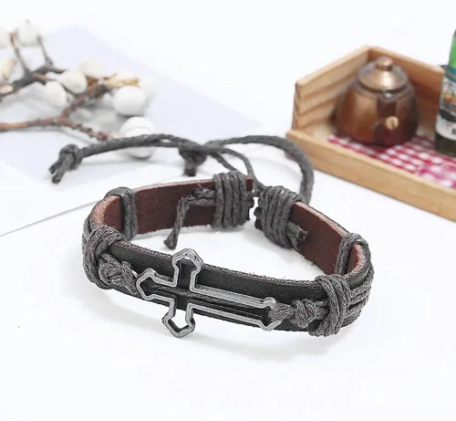 Miniatura 6 de brazalete negro con forma de cruz de cuero genuino para hombre