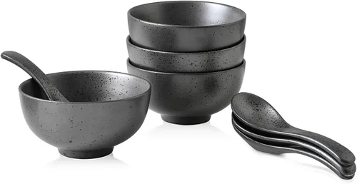 Stone + Lain Valencia - Juego de 8 cuencos redondos y cucharas de porcelana, color gris metálico