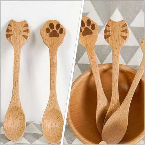 Miniatura 5 de iplusmile Juego de 2 cucharas de madera para gatos, utensilios de cocina ergonómicos de 5.51 pulgadas para ensalada de arroz y sopa, diseño de mango