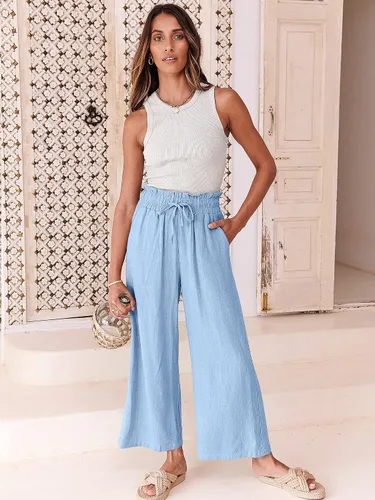 Miniatura 2 de ANRABESS Pantalones de lino para mujer, estilo casual, holgados, cintura alta, cordón de pierna ancha, pantalones capri palazzo con bolsillos