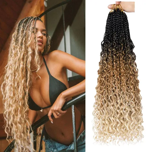 Miniatura 17 de COOKOO Cabello de Trenzas de Caja Bohemias de Ganchillo de 8 Pulgadas para Mujeres Negras, Paquete de 8, Cabello Sintético de Trenzas de Caja