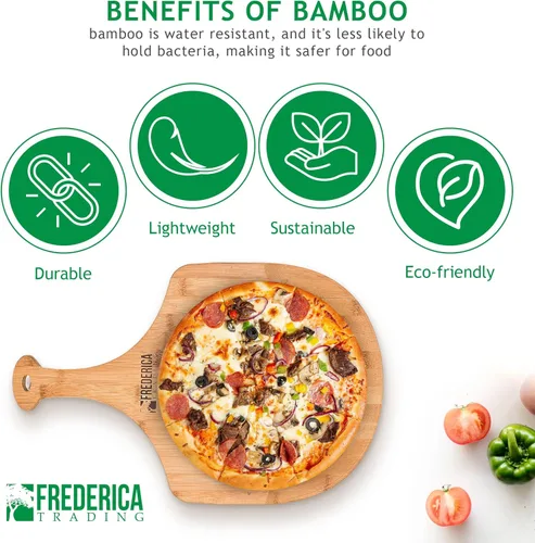 Miniatura 4 de Pala de madera de bambú prémium para pizza y tabla de cortar con mango (para hornear pizza, pan, cortar frutas, verduras, queso) – Tamaño personal
