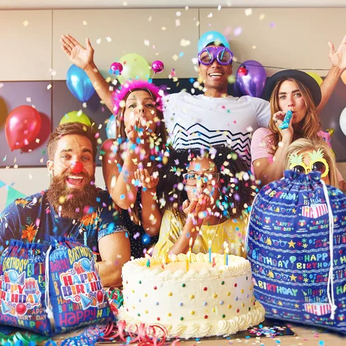 Miniatura 6 de Chapou 4 bolsas grandes de regalo de cumpleaños con cordón de 20 pulgadas, grandes de 12 pulgadas, medianas, reutilizables, de tela azul, para baby