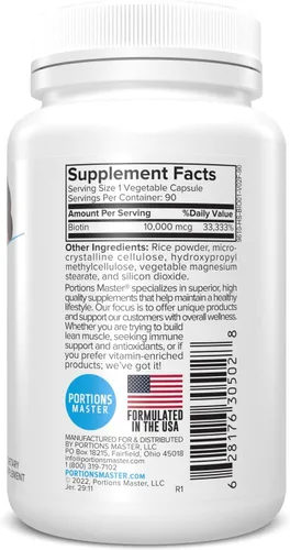 Miniatura 5 de Portions Master Biotina Vitamina B 10,000mcg - 90ct Cápsulas Vegetales - Cabello y Piel y Uñas Apoyo