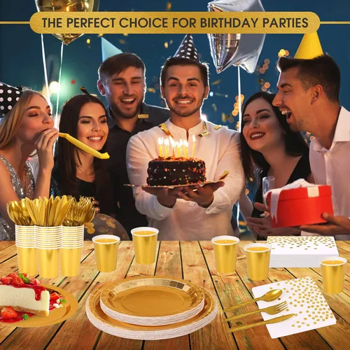 Miniatura 7 de Juego de vajilla desechable dorada de 175 piezas para fiestas, platos de papel dorados, servilletas, vasos, tenedores de plástico dorado, cuchillos