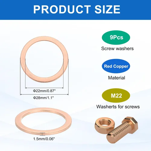 Miniatura 2 de MECCANIXITY 9Pcs Arandela Plana, Kit de 9 Arandelas de Cobre M22, Anillo de Sellado de Cobre, Arandela de Trituración, Surtido, 22mm ID, 28mm OD