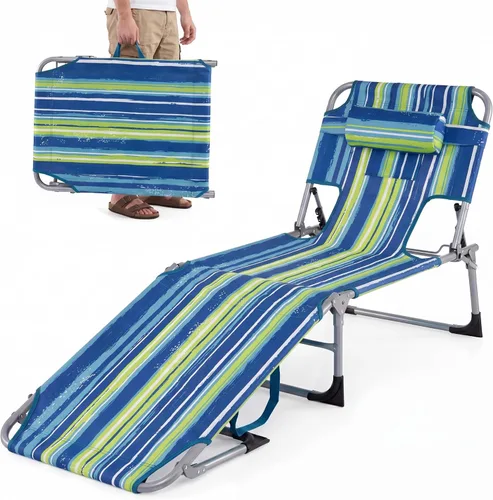 Miniatura 22 de Goplus Silla bronceadora, silla de playa plegable con agujero para cara y brazo, posición ajustable, almohada extraíble, bolsillo lateral, silla