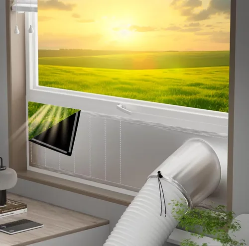 Kit de ventilación portátil para ventana de aire acondicionado (titanio plateado + negro 100% bloque de luz): sello universal grueso portátil de