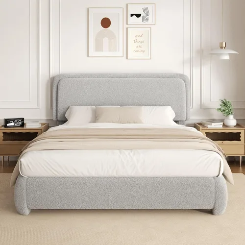 Miniatura 10 de Base de cama de tamaño Full con tapizado de bouclé, plataforma tapizada con cabecera, anticolisión con esquinas redondeadas suaves, no requiere