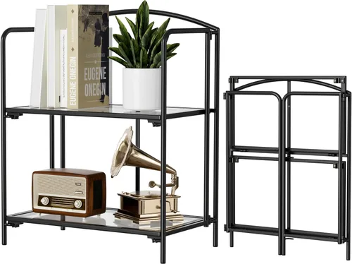 Crofy - Estantería plegable sin montaje para sala de estar, estantería plegable de 2 niveles en color negro para oficina en casa, organizador