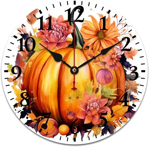 Miniatura 11 de Reloj de pared de madera Country Autumn Harvest Acuarela Calabaza Flores Redondo Reloj Decorativo de Calidad Cuarzo Sin Ticking Otoño Acción