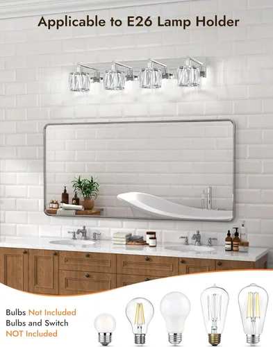 Miniatura 3 de VOLISUN Luces de tocador de cristal – 4 luces modernas de acero inoxidable para baño sobre espejo, acabado cromado – Certificado UL