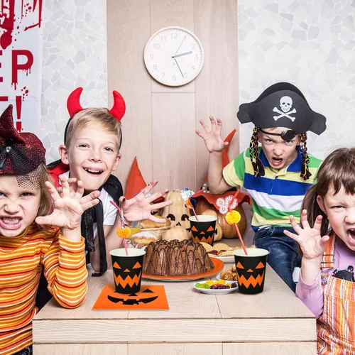 Miniatura 5 de Juego de vajilla de fiesta de Halloween, 72 piezas, platos de papel con temática de calabaza naranja y negra, vasos, servilletas, vajilla desechable
